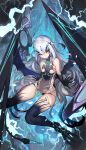  1girl ahoge bare_shoulders black_panties black_skin blue_fire body_markings breasts claws colored_skin covered_navel dragon_wings electricity facial_mark fairy_knight_lancelot_(third_ascension)_(fate) fate/grand_order fate_(series) fire forked_eyebrows gradient_skin grey_hair hair_between_eyes highres lack long_hair looking_at_viewer melusine_(fate) panties revealing_clothes sidelocks sitting small_breasts smile solo tail talons underwear very_long_hair weapon white_hair wings yellow_eyes 