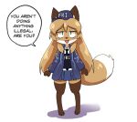  anthro averi_(fiddleafox) brown_body brown_fur canid canine clothing dipstick_tail english_text fbi female female_anthro fox fur gloves_(marking) green_eyes hair leg_markings mammal markings simple_background socks_(marking) solo standing tail tail_markings text unknown_artist white_body white_fur 