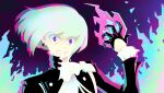  1boy absurdres black_jacket chromatic_aberration clenched_teeth commentary earrings english_commentary fire gloves green_hair half_gloves highres jacket jewelry koffo-art lio_fotia male_focus pink_fire promare purple_eyes pyrokinesis solo teeth 