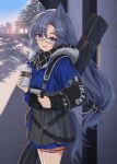  1girl :d animal_ears arknights black_overalls blue_coat blue_eyes blue_nails blush coat commentary_request day fang_(arknights) fang_(cruciata)_(arknights) from_side fur-trimmed_coat fur-trimmed_hood fur_trim glasses hair_over_one_eye hands_up hood long_hair looking_at_viewer nail_polish outdoors overalls shironekoban smile solo suspenders tail tea thigh_strap very_long_hair 