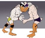  anatid anseriform anthro athletic avian bird bodily_fluids briefs clothing drake_mallard duck duo feathers hi_res hunter-husky male male/male mask negaduck purple_clothing purple_underwear sweat underwear white_body white_feathers wrestling wristband yellow_clothing yellow_eyes yellow_underwear 