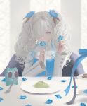 1girl alternate_hairstyle armchair blue_dress blue_eyes blue_flower blue_hair blurry blurry_background candy chair commentary creature dress emotionalmikky flower food food_in_mouth fork grey_eyes hair_flower hair_ornament hair_over_one_eye high_collar highres holding holding_candy holding_food holding_lollipop isekai_joucho juliet_sleeves kamitsubaki_studio lollipop long_hair long_sleeves looking_at_viewer mouth_hold multicolored_eyes multicolored_hair o-ring on_chair pasta plate puffy_sleeves shrug_(clothing) sidelocks sitting solo spaghetti streaked_hair swirl_lollipop symbol-only_commentary table twintails virtual_youtuber wavy_hair white_hair 