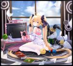  1girl absurdly_long_hair absurdres ahoge animal_ear_headphones animal_ears ass attilio_regolo_(azur_lane) attilio_regolo_(castle_of_inspiration)_(azur_lane) azur_lane blonde_hair blue_sky blurry blurry_background book bow camisole cat_ear_headphones chinese_commentary closed_mouth cloud commentary_request criss-cross_back-straps crossed_bangs fake_animal_ears feet from_behind hair_between_eyes hair_bow hair_ornament headphones headphones_removed heart heart-shaped_pupils heart_ahoge highres indoors iue_(artist) keyboard_(computer) legs long_hair looking_at_viewer manjuu_(azur_lane) messy_room mole mole_under_eye monitor off_shoulder on_ground origami panties pantyhose paper_airplane paper_crane pink_camisole pink_eyes plant potted_plant purple_bow rabbit_hair_ornament sidelocks sitting sky smile soles solo stuffed_animal stuffed_rabbit stuffed_toy symbol-shaped_pupils tablet_pc toes twintails underwear very_long_hair wariza white_panties white_pantyhose yarn yarn_ball 