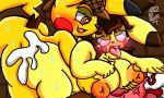  5:3 anthro big_breasts bodily_fluids breasts brown_eyes brown_hair clothing cum cum_inside detective_pikachu duo female generation_1_pokemon genital_fluids genitals hair hat headgear headwear lewdchuu_(artist) male male/female nintendo penis pikachu pokemon pokemon_(species) pyon_(lewdchuu) sex sweat tail tongue tongue_out yellow_body 