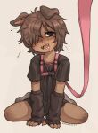  1girl animal_ears arms_between_legs blush brown_eyes brown_hair brown_shirt commission dark_skin detached_sleeves dirty dog_ears dog_girl drooling droopy_ears fangs flea_(animal) hair_over_one_eye half-closed_eye half-closed_eyes highres leash messy_hair mole mole_under_eye nose_blush open_mouth original pink_leash saliva shirt sitting socks solo syrupmelty viewer_holding_leash wariza white_background 