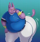  alien anthro baseball_uniform belly big_butt butt champa clothing domestic_cat dragon_ball dragon_ball_super felid feline felis hi_res male mammal megacoolbear_(artist) overweight purple_body shaking_butt smug solo sportswear taunting uniform yellow_eyes 