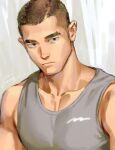 1boy bara buzz_cut expressionless gentle2nd large_pectorals long_sideburns looking_to_the_side male_focus muscular muscular_male original painterly pectoral_cleavage pectorals short_hair sideburns sidepec solo thick_eyebrows upper_body very_short_hair 