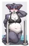  absurd_res anthro blush bra canid canine canis chubby_female claws clothing female finger_claws fur grey_body grey_fur hi_res looking_at_viewer mammal red_eyes solo spuydjeks tail underwear wet wet_body wet_fur wolf 