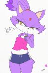  2:3 accessory anthro blaze_the_cat blue_bottomwear blue_clothing blue_pants bottomwear clothing crop_top domestic_cat felid feline felis female fur headband hi_res hikaridraws hotpants mammal pants pink_clothing pink_shirt pink_topwear purple_body purple_fur red_headband sega shirt shorts solo sonic_the_hedgehog_(series) topwear white_body white_fur yellow_eyes 