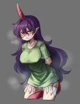  1girl anonymous_(japanese) arms_behind_back breasts clothes_writing collarbone condom cowboy_shot cropped_legs green_shirt grey_background horns large_breasts long_hair open_mouth pointy_ears purple_hair red_eyes red_horns shirt short_sleeves simple_background solo tail tenkajin_chiyari touhou unfinished_dream_of_all_living_ghost used_condom 