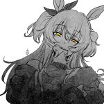  1girl animal_ears artist_logo commentary ear_bow greyscale hand_on_own_chin hand_up horse_ears long_hair long_sleeves looking_at_viewer mayano_top_gun_(umamusume) monochrome multicolored_hair nishioki_tama off_shoulder open_mouth smile solo spot_color straight-on stroking_own_chin two-tone_hair umamusume upper_body yellow_eyes 