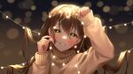  1girl blush brown_hair christmas_lights gloria_(gloriao3o) green_eyes hair_between_eyes highres long_hair looking_at_viewer multicolored_nails original red_nails scarf sleeves_past_wrists smile solo sweater teeth upper_body white_nails 