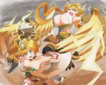  2girls absurdres animal_hands bare_shoulders bird_legs blonde_hair blush breasts claws cleavage commentary_request dual_persona green_eyes hair_between_eyes harpy highres holding holding_sword holding_weapon katana large_breasts lightning monster_girl monster_musume_td multiple_girls open_mouth shootingstar_masa short_hair star-shaped_pupils star_(symbol) sword symbol-shaped_pupils talons underboob waemawa waemawa_(new_years) weapon wide_sleeves winged_arms wings yellow_wings 