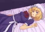  1girl bangs black_background blonde_hair bow bowtie breasts commentary dress hat highres kakone looking_at_viewer lying maribel_hearn mob_cap on_back on_bed open_mouth purple_dress purple_eyes red_bow red_bowtie short_hair short_sleeves solo touhou white_headwear 