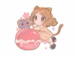  1girl animal_ears blush boots brown_eyes brown_footwear brown_hair cat_ears cat_girl cat_tail chibi closed_mouth dress espurr food leg_up long_hair macaron pokemon pokemon_(creature) pokemon_(game) pokemon_xy serena_(pokemon) short_dress tail tyou08665851 white_background yellow_dress 