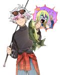  ! !! 2boys animal black_sweater blonde_hair blue_pants closed_mouth clothes_around_waist commentary_request constricted_pupils cowboy_shot emphasis_lines eyewear_on_head fish fishing_rod green_hair hair_between_eyes hands_up holding holding_animal holding_fish holding_fishing_rod idol_land_pripara inset jacket jacket_around_waist long_hair long_sleeves looking_at_viewer male_focus multicolored_hair multiple_boys o4ritarou ooedo_shinya pants pink_eyes pink_hair pretty_(series) pripara screaming short_hair simple_background standing streaked_hair sunglasses surprised sweater ushimitsu_(pripara) white_background white_hair wide-eyed 