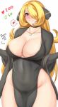  1girl anisdrawn black_choker black_dress blonde_hair blush breasts choker cleavage commentary covered_navel cowboy_shot cynthia_(pokemon) dress grey_eyes groin highres jewelry large_breasts long_hair looking_at_viewer nose_blush pendant pokemon simple_background smile solo standing thighs very_long_hair white_background 
