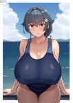  1girl beach black_hair blue_one-piece_swimsuit blue_sky blush breasts cloud cloudy_sky covered_navel day hair_between_eyes hair_flaps hair_ornament hairclip highres huge_breasts jingei_(kancolle) kantai_collection large_breasts long_hair looking_at_viewer low_ponytail mountain ocean old_school_swimsuit one-piece_swimsuit outdoors red_eyes school_swimsuit shiromaru_(maniado) sitting sky solo swimsuit water 