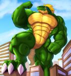  2023 abs anthro big_abs big_biceps big_pecs big_quads blonde_hair building building_destruction city cloud day eye_scar facial_scar fangs featureless_crotch flexing_bicep foot_on_object green_body green_scales hair hi_res koragos koragos_(character) lizardman looking_at_self macro male muscular muscular_anthro muscular_male outside pecs quads scales scalie scar signature sky smile solo tail teeth yellow_eyes yellow_underbelly 