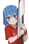  1girl blue_eyes blue_hair blush flag hair_between_eyes hair_ornament hairclip head_tilt heart highres holding holding_flag indonesian_flag looking_at_viewer mads_ez medium_hair original red_shirt shirt short_sleeves smile solo sticker_on_face sticker_on_hair upper_body white_background 