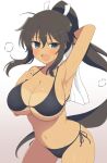  1girl armpits bikini black_bikini black_hair blush breasts cleavage commentary_request hair_tie heavy_breathing highres homura_(senran_kagura) large_breasts long_hair manjou_(q_tiwj) navel open_mouth ponytail senran_kagura string_bikini sweat swimsuit tan tanlines towel 