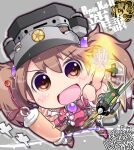  1girl aircraft airplane brown_eyes brown_hair brown_skirt character_name chibi highres japanese_clothes kantai_collection kariginu kuroneko_(kuroneko_works) long_hair magatama miniskirt onmyouji open_mouth pleated_skirt ryuujou_(kancolle) ryuujou_kai_ni_(kancolle) scroll shikigami skirt solo torpedo twintails visor_cap 