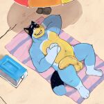  absurd_res anthro bandit_heeler beach belly big_penis bluey_(series) breadplus18 canid canine canis daddy_kink domestic_dog genitals gesture hi_res koidewan male male/male mammal nude_beach nude_male penis seaside solo suggestive suggestive_gesture suggestive_pose thick_thighs 