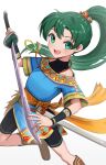  1girl aged_down black_shorts fire_emblem fire_emblem:_the_blazing_blade fire_emblem_heroes gonzarez green_eyes green_hair highres holding holding_sword holding_weapon jewelry looking_at_viewer lyn_(fire_emblem) necklace official_alternate_costume open_mouth pelvic_curtain ponytail shorts smile solo sword teeth undershirt upper_teeth_only weapon white_background 