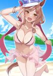 1girl absurdres alternate_costume animal_ears arm_up armpits bare_shoulders barefoot beach blurry blurry_background blush bracelet breasts collarbone commentary foot_up hair_ornament hairclip hat highres horse_ears horse_girl horse_tail jewelry leg_up looking_at_viewer matikane_tannhauser_(umamusume) medium_breasts medium_hair navel newon ocean sand solo sweat tail umamusume 