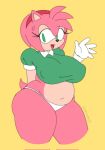  accessory amy_rose anthro big_breasts bodily_fluids bottomwear breasts chubby_female clothing crop_top eulipotyphlan female fur gesture gloves green_eyes hair_accessory hairband handwear hedgehog hi_res mammal navel nervous_smile nipples_visible_through_clothing panties pink_body pink_fur saiyaman22 sega shirt solo sonic_the_hedgehog_(series) sweat sweatdrop thick_thighs tight_fit topwear underwear waving 