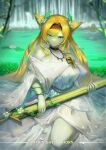  1girl absurdres animal_ears arknights bare_shoulders bielin blonde_hair blurry blurry_background brown_hairband character_name closed_mouth commentary_request copyright_name depth_of_field dress flower grey_eyes hairband highres holding holding_sword holding_weapon horn_(arknights) juliet_sleeves lily_pad long_hair long_sleeves puffy_sleeves solo sword very_long_hair water weapon white_dress white_flower wide_sleeves 