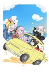  4girls animal_ears backwards_hat black_hair black_horns black_jacket black_wings blonde_hair blue_hair blue_sky blush border breasts car cleavage clenched_teeth cloud cloudy_sky crown demon_wings dress driving fiat_500 gradient_hair green_eyes grey_hair gun hat highres himemori_luna holding hololive horns jacket lab_coat long_sleeves mini_crown motor_vehicle motorcycle multicolored_hair multiple_girls one_eye_closed oozora_subaru open_mouth outdoors parted_bangs pink_dress pink_hair revolver shishiro_botan short_sleeves sidelocks siitake_hat sitting sky swept_bangs teeth upper_teeth_only virtual_youtuber weapon white_border wings yellow_car yuzuki_choco 