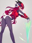  1girl ass bent_over black_bodysuit bodysuit closed_mouth cosplay energy_sword from_behind getto helmet hololive hololive_english irys_(hololive) long_hair long_sword looking_at_viewer looking_back mega_man_(series) mega_man_zero purple_eyes red_hair saber_(weapon) solo standing sword virtual_youtuber weapon zero_(mega_man) zero_(mega_man)_(cosplay) 