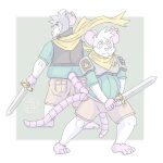  2023 anthro bottomwear clothing duo ear_piercing ear_ring hi_res houseplanthyena male mammal melee_weapon mouse murid murine piercing pink_nose ring_piercing rodent scar shorts slightly_chubby sword weapon white_body 