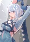  1girl bandages blunt_bangs braid braided_ponytail breasts commentary_request flower grey_background hair_flower hair_ornament highres holding holding_sword holding_weapon kaine_(nier) lingerie medium_breasts medium_hair nier nier_(series) nutori_manga solo sword underwear weapon 