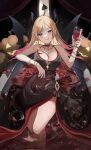  1girl bare_shoulders bat_tattoo bathtub black_choker black_dress black_horns blonde_hair blush breast_tattoo breasts choker cleavage cup demon_girl demon_horns demon_tail demon_wings dress drinking_glass highres holding holding_cup hololive horn_ornament horn_ring horns large_breasts long_hair looking_at_viewer multicolored_hair partially_submerged pink_hair pointy_ears pumpkin shunka_tunacan smile solo tail tattoo tongue tongue_out two-tone_hair virtual_youtuber wine_glass wings yuzuki_choco 