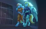  anthro clothing cuff_(restraint) duo embarrassed equid equine female friendship_is_magic grumpy hasbro hi_res hooves horse lightning_dust_(mlp) mammal my_little_pony navel orange_jumpsuit peachmayflower pegasus pony prison rainbow_dash_(mlp) restraints shackles uniform wings 