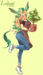  absurd_res anthro apron big_breasts blonde_hair blush blush_lines bodily_fluids bottomwear breasts brown_clothing brown_topwear cheek_tuft cleavage clothed clothing denim denim_clothing eeveelution facial_tuft female footwear fur generation_4_pokemon green_hair hair hair_bun hi_res holding_object inner_ear_fluff jeans leafeon looking_at_viewer multicolored_body nintendo pants patrasche99 plant plant_pot plant_tail pokemon pokemon_(species) running_shoes shoes simple_background small_waist solo sweat sweatdrop tail topwear tuft two_tone_body yellow_body yellow_fur 