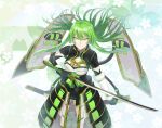  1girl absurdres armor armored_skirt black_gloves blunt_bangs cleavage_cutout closed_mouth clothing_cutout commentary_request floating_hair floral_background fur_trim gloves green_eyes green_hair green_sash highres hizamaru_(tenka_hyakken) holding holding_sword holding_weapon japanese_armor kote onasu_(sawagani) rope sash scabbard sheath short_sleeves smile solo sword tachi_(weapon) tenka_hyakken v-shaped_eyes weapon 