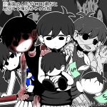  1girl 6+boys black_eyes black_hair cat genderswap genderswap_(mtf) holding holding_knife knife looking_at_viewer looking_down male_focus mewo miya_(baelfight) multiple_boys omoli_(omori) omori omori_(omori) prototype_design short_hair spoilers twitter_username 