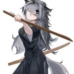  1girl absurdres animal_ears arknights artist_name breasts dual_wielding grey_eyes grey_hair hair_between_eyes hair_ornament hairclip hand_up highres holding holding_sword holding_weapon japanese_clothes lappland_(arknights) long_hair long_sleeves messy_hair scar scar_across_eye simple_background solo sword tail tesbori weapon white_background wide_sleeves wolf_ears wolf_girl wolf_tail wooden_sword 