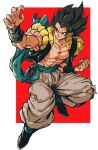  1boy absurdres arm_up artist_name baggy_pants biceps black_eyes black_footwear black_hair black_vest blue_sash boots clenched_hand closed_mouth collarbone dragon_ball dragon_ball_super fingernails full_body gogeta grey_pants hand_up highres male_focus metamoran_vest muscular muscular_male open_clothes open_vest pants pectorals red_background relio_db318 sash simple_background smile smirk solo spiked_hair torn_clothes torn_pants twitter_username two-tone_background v-shaped_eyebrows veins vest white_background 