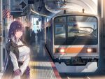  1girl 6+others black_jacket breasts closed_mouth commentary_request daito eyewear_on_head ground_vehicle highres holding_own_arm honkai:_star_rail honkai_(series) jacket kafka_(honkai:_star_rail) long_sleeves looking_at_viewer multiple_others overhead_line pantograph purple_eyes purple_hair round_eyewear shirt silhouette smile split_mouth tactile_paving train train_station utility_pole white_shirt 