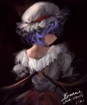  1girl absurdres bat_wings black_background blue_hair closed_mouth commentary_request dated from_behind hat hat_ribbon highres looking_at_viewer looking_back red_eyes red_ribbon remilia_scarlet ribbon short_hair signature simple_background smile solo top-exerou touhou upper_body white_headwear wings 