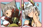  1boy 1girl age_progression animal_ears blunt_bangs blush cat_ears cat_girl chest_jewel couple facial_mark gloves grey_hair hand_on_another&#039;s_face hetero highena highres husband_and_wife looking_at_viewer nia_(xenoblade) rex_(xenoblade) short_hair smile waving xenoblade_chronicles_(series) xenoblade_chronicles_2 xenoblade_chronicles_3 xenoblade_chronicles_3:_future_redeemed yellow_eyes 