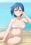  1girl arm_up bare_arms bare_legs barkhorn0331 beach bikini blue_hair blush breasts collarbone commentary earrings hair_between_eyes hand_on_own_head highres jewelry large_breasts looking_at_viewer love_live! love_live!_superstar!! micro_bikini midriff navel ocean parted_lips red_eyes sand short_hair sideboob single_earring sitting solo sunlight swimsuit underboob wakana_shiki water wet white_bikini wind 