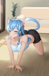  1girl absurdres all_fours animal_ear_fluff animal_ears black_shorts blue_eyes blue_hair camisole cat_ears cat_tail closed_mouth collarbone couch diptip full_body highres hololive hoshimachi_suisei living_room looking_at_viewer short_shorts shorts solo strap_slip tail virtual_youtuber wooden_floor 