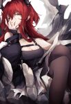  1girl ankoro_mochi arknights black_dress black_jacket black_thighhighs breasts cleavage demon_horns detached_collar dress hand_on_own_face highres horns jacket long_hair medium_breasts open_clothes open_jacket purple_eyes red_hair solo surtr_(arknights) thighhighs white_background 