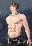  1boy bara belt brown_hair camouflage camouflage_pants closed_mouth copyright_request eyepatch hair_between_eyes male_focus medium_hair muscular muscular_male nipples outdoors pants pectorals rain serious shocacao72 signature solo topless_male water_drop wet wet_hair 