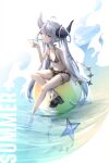  1girl absurdres ahoge alternate_costume ball beachball bikini black_horns braid braided_bangs cirkus food_in_mouth frills grey_hair highres hololive horns la+_darknesss long_hair multicolored_hair navel pointy_ears popsicle_in_mouth purple_hair streaked_hair striped_horns swimsuit tail thigh_strap thighs virtual_youtuber yellow_eyes 